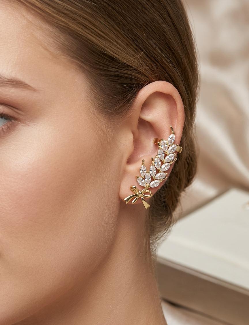 Women Golden Ribbon Diamond Earcuff (Single Ear) (Pressed) - Nimé By Shop Trendys