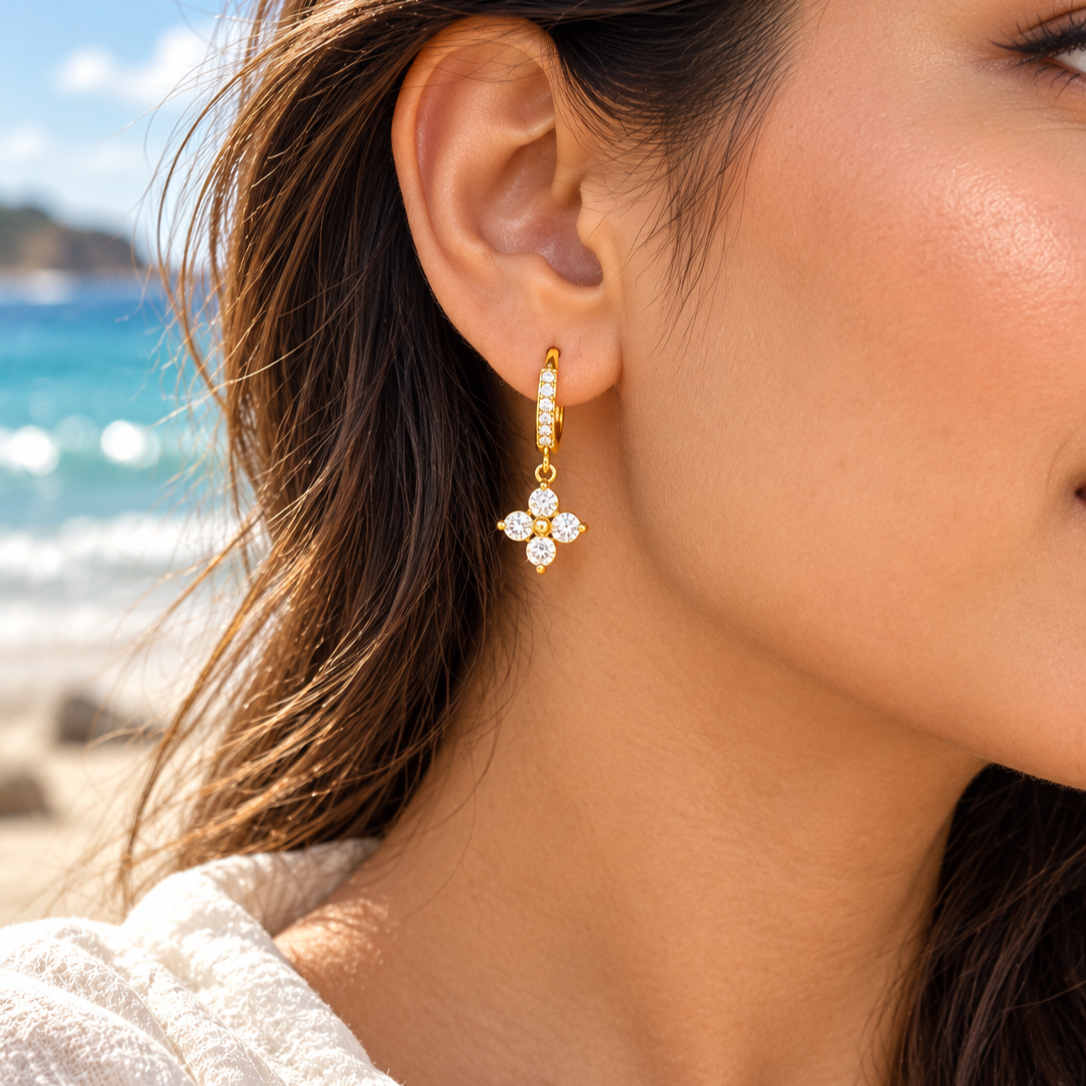 Anti Tarnish Crystal Flower Drop Hoop Earrings