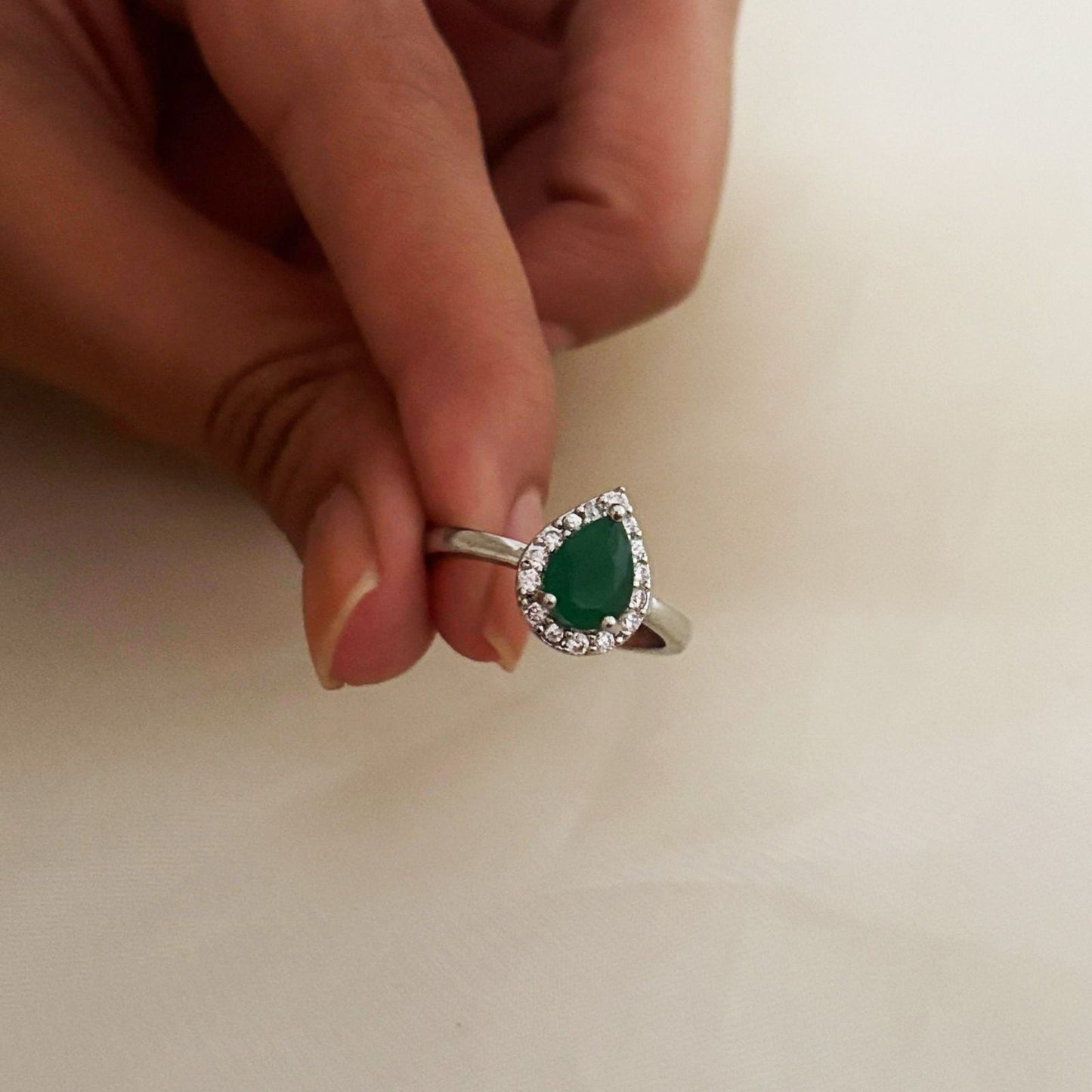 Silver Solitaire Green Drop Women Rings (Adjustable)