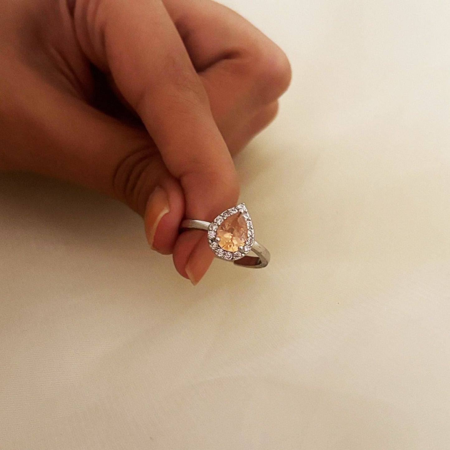 Silver Solitaire Beige Drop Women Rings (Adjustable)