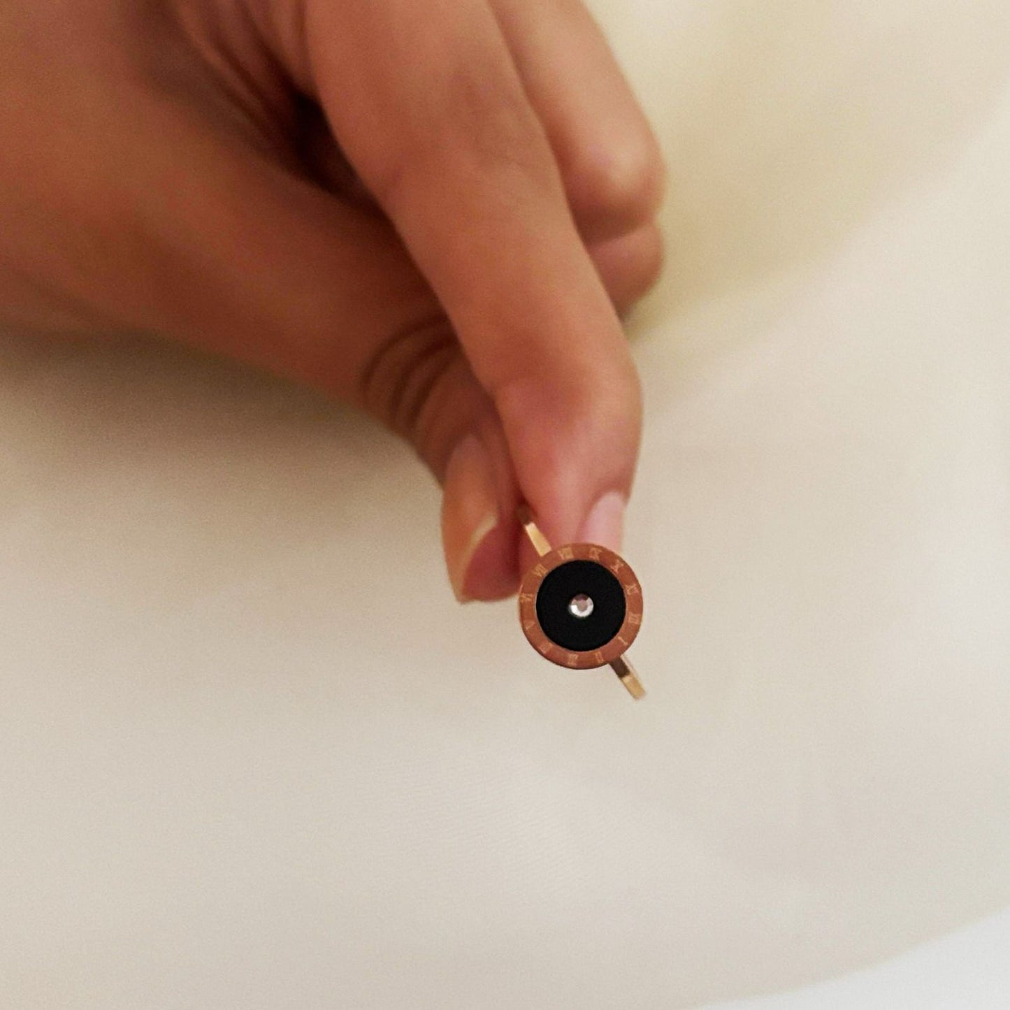 Round Rose Gold Women Rings with Black Inlay and Center Gem (Adjustable)