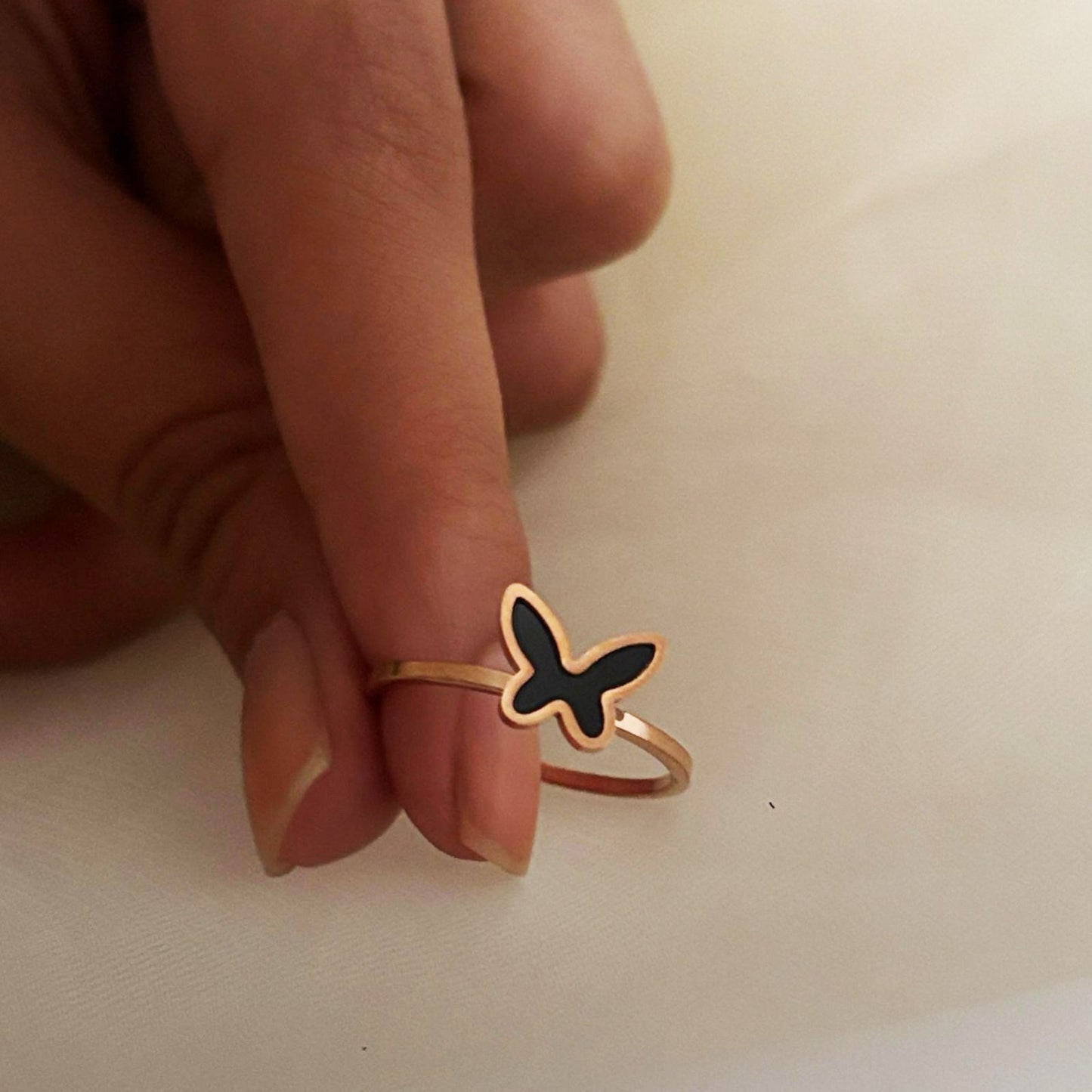 Gold Butterfly Women Rings with Black Inlay (Adjustable)