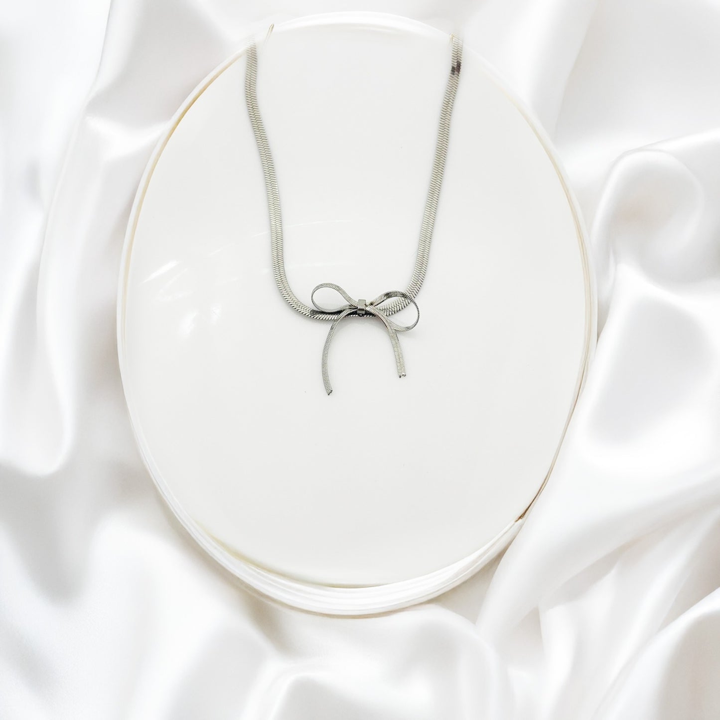 Silver Satin Bow Women Necklace(Stainless Steel)