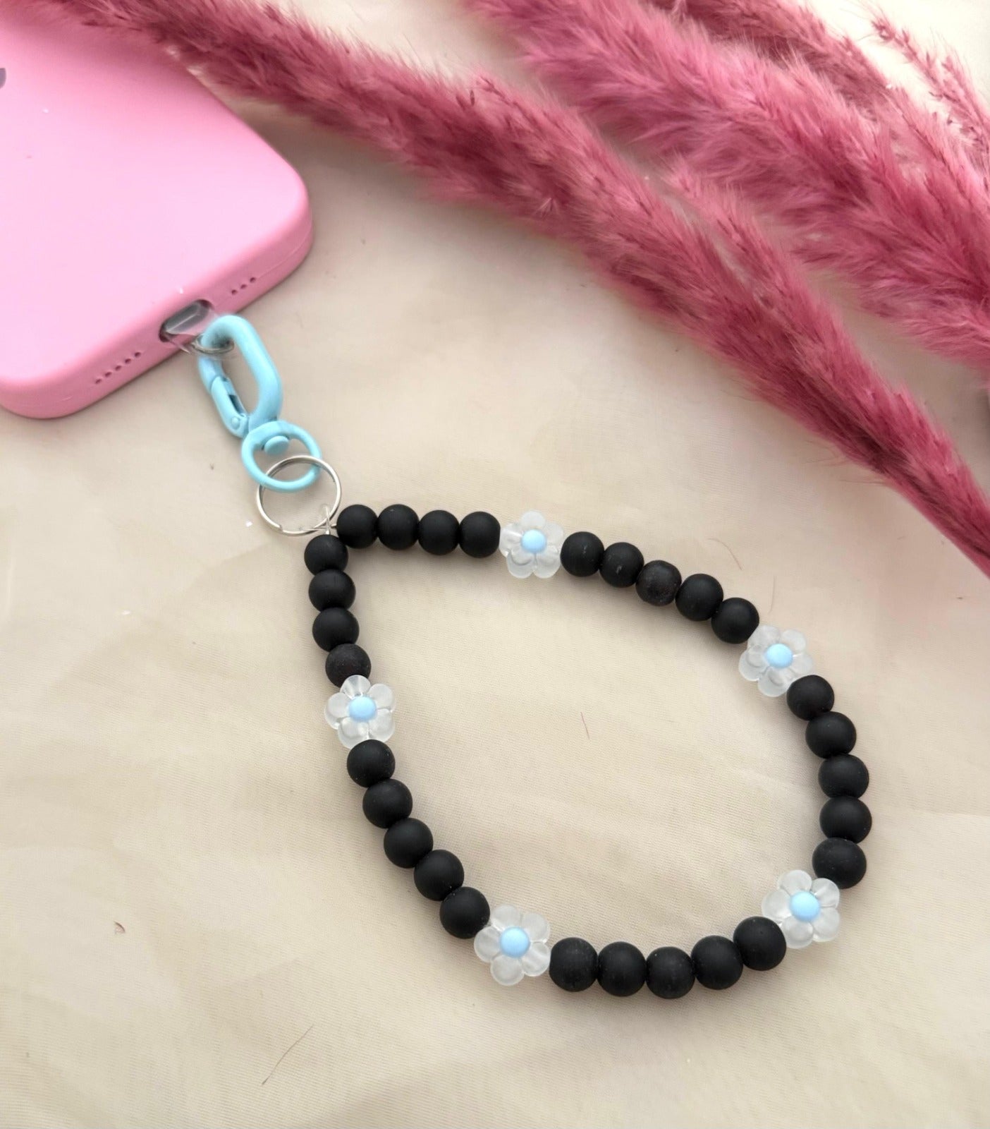 Matt Black Beads Pastel Flower Phone Hanging