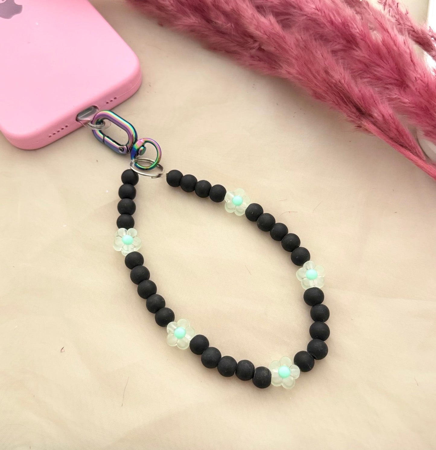Matt Black Beads Pastel Flower Phone Hanging