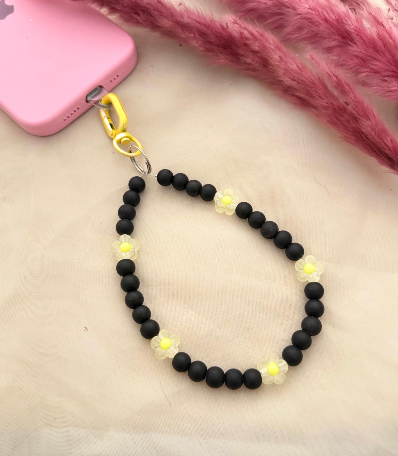 Matt Black Beads Pastel Flower Phone Hanging