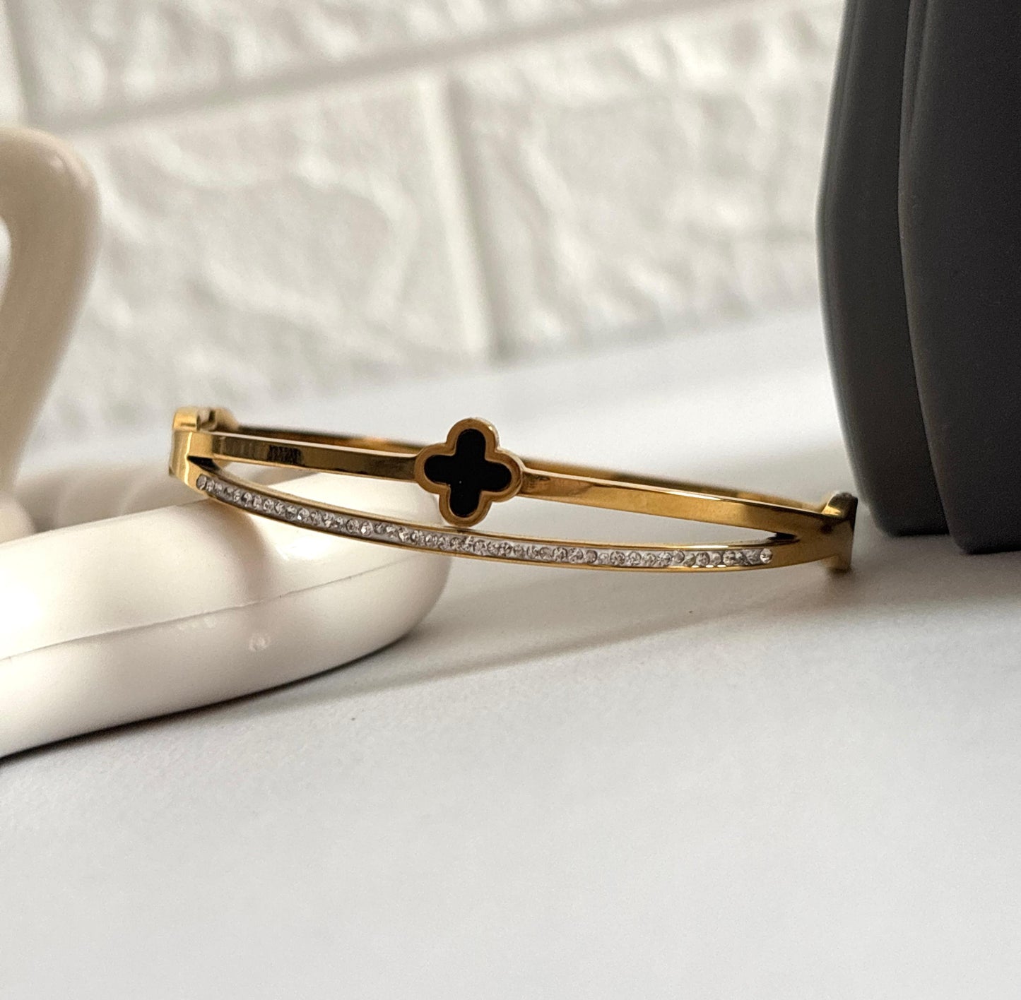 Women Golden Black Diamond Clover Layered Kada Bracelet (Anti Tarnish) (Small Size) - Nimé By Shop Trendys