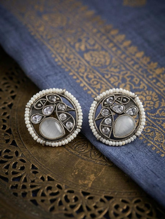 German Silver Stone Pearl Peacock Earrings - Nimé By Shop Trendys