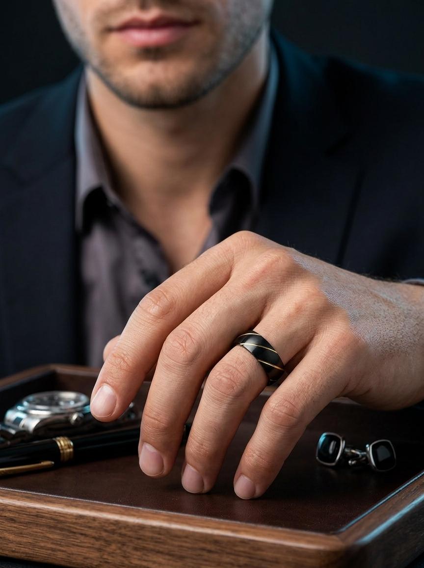 Men Black Silver Spiral Ring