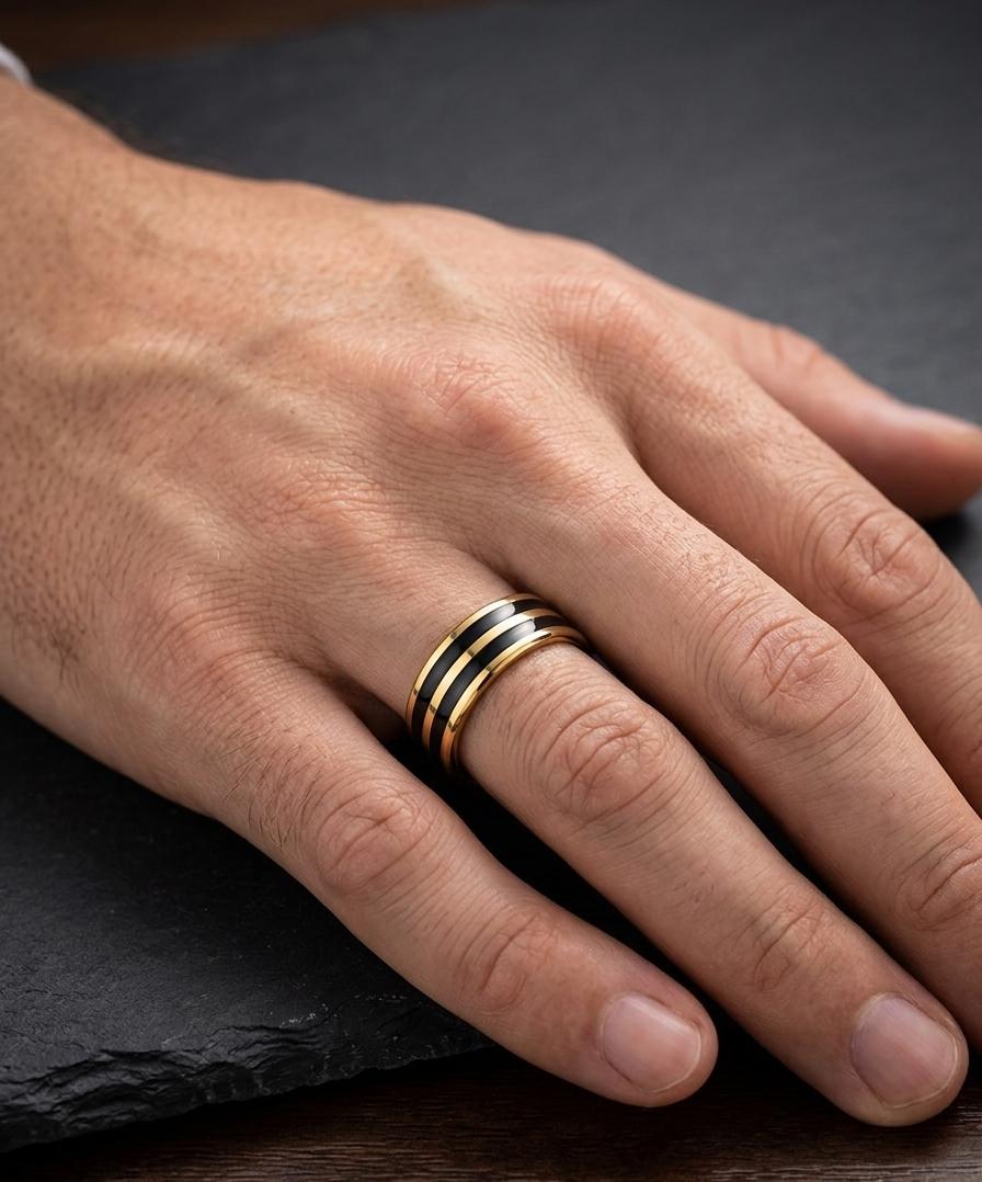 Men Golden Black Striped Ring