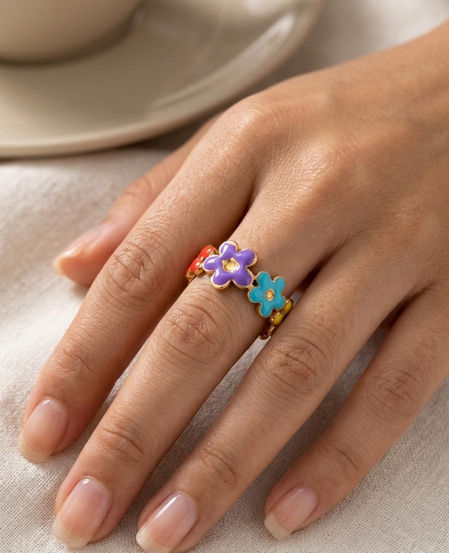 Women Color Enamel Flower Ring Adjustable - Nimé By Shop Trendys