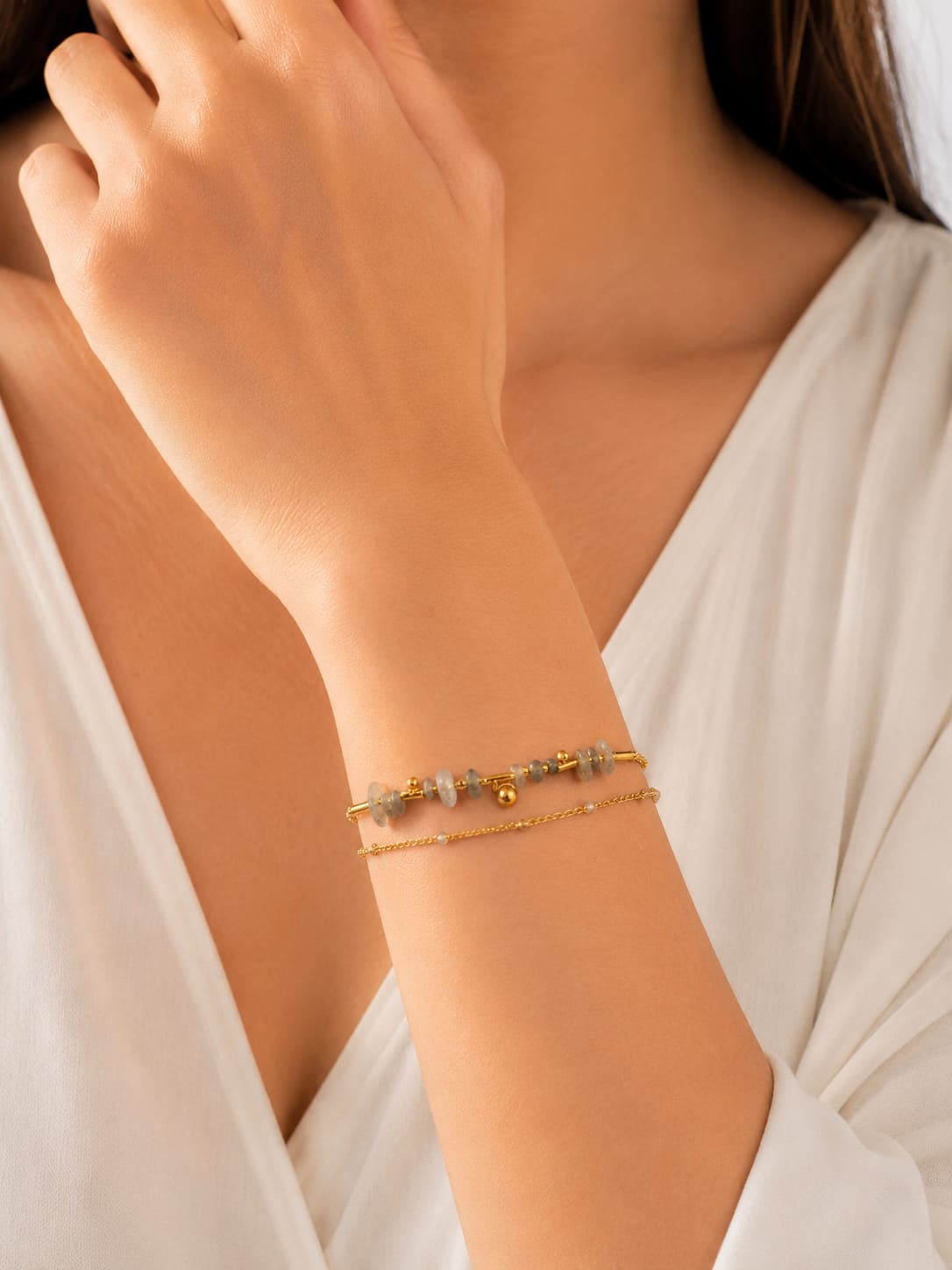 Women Green Stone Layered Bracelet (Anti Tarnish)