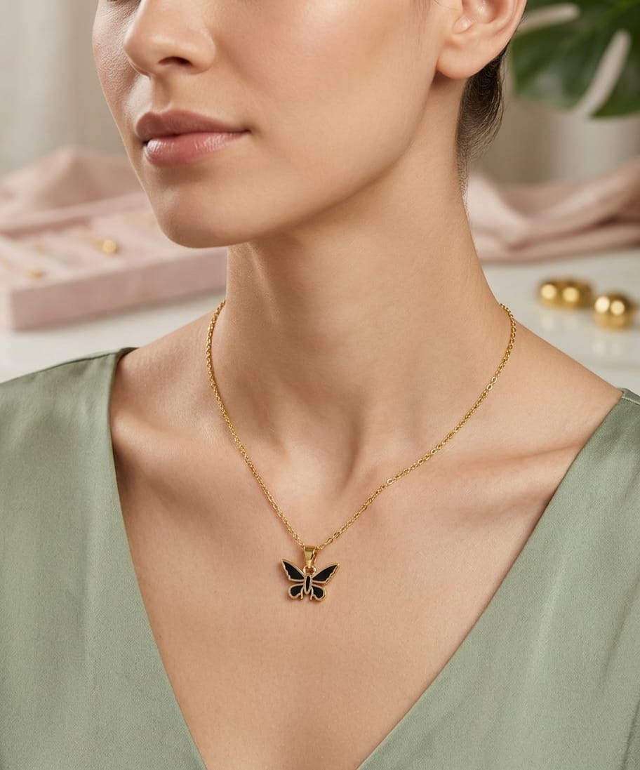 Anti Tarnish Women Black Butterfly Pendant Necklace