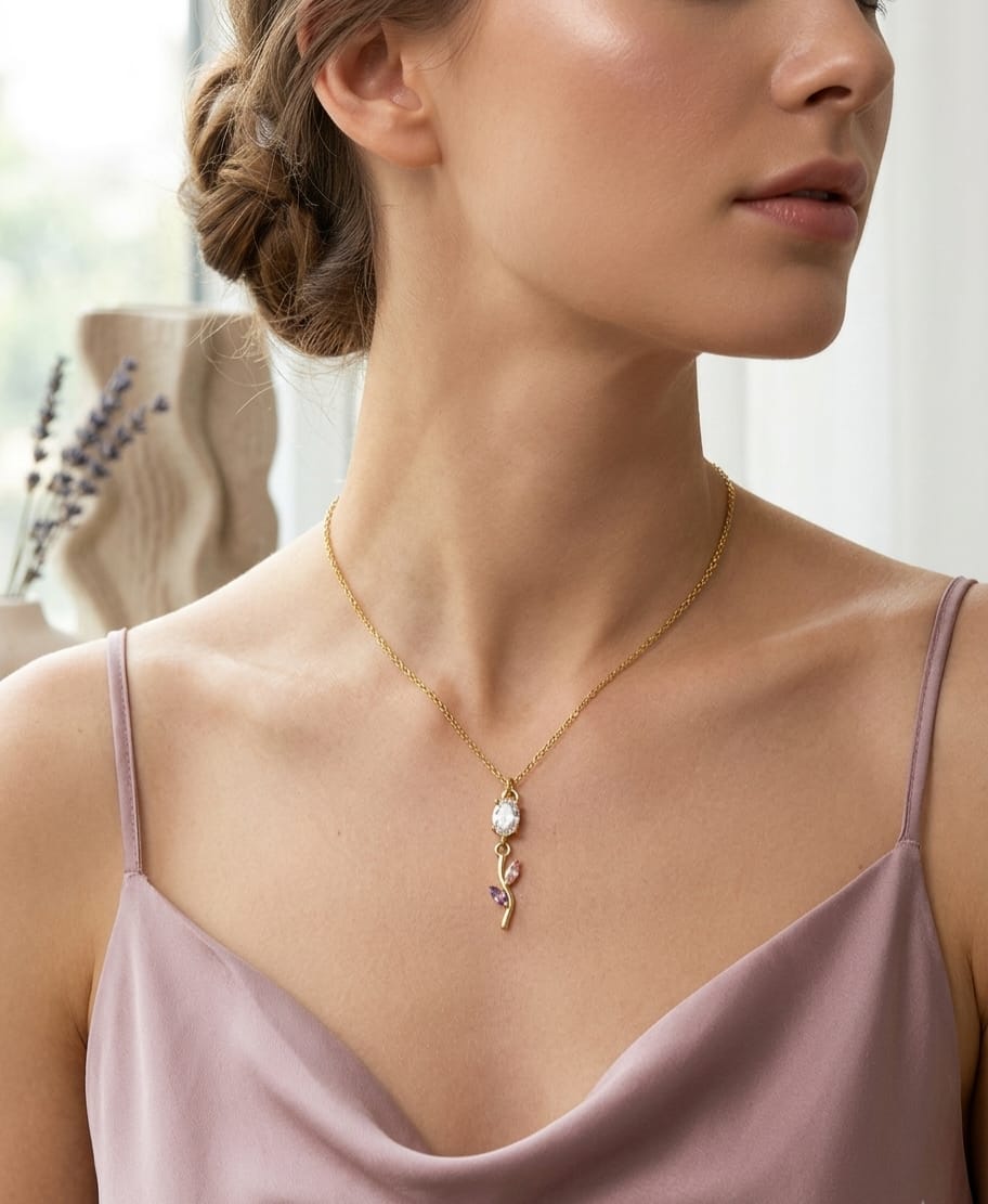 Anti Tarnish Women Purple Floral Branch Pendant Necklace