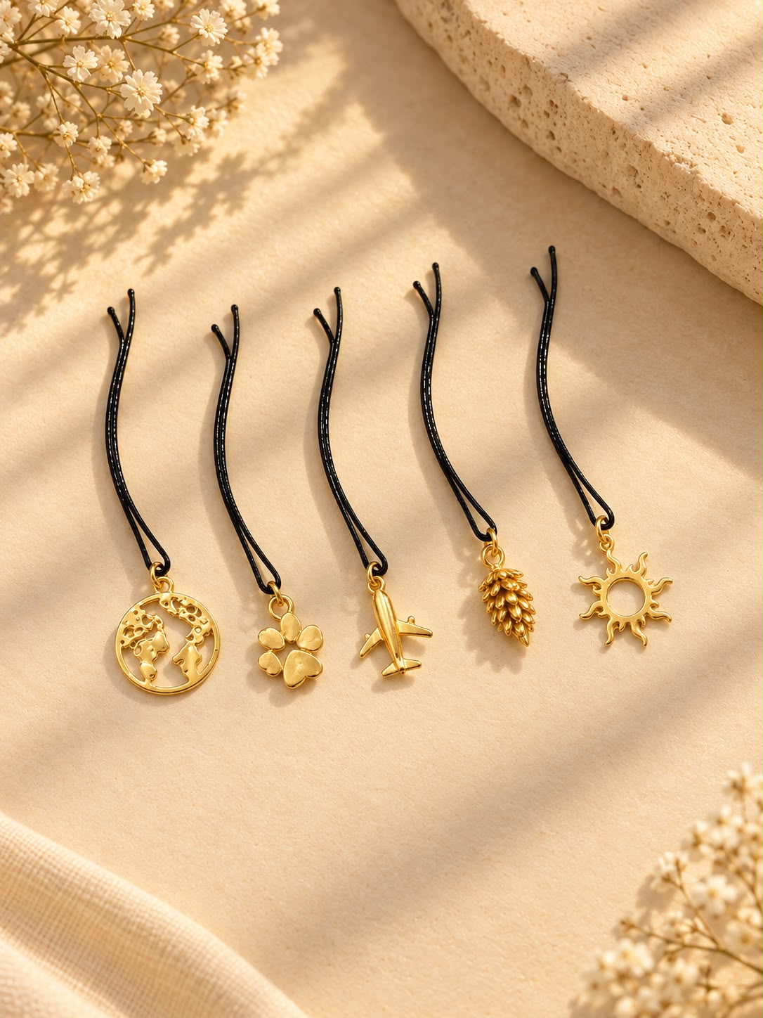 Five assorted gold charm hair pins displayed individually