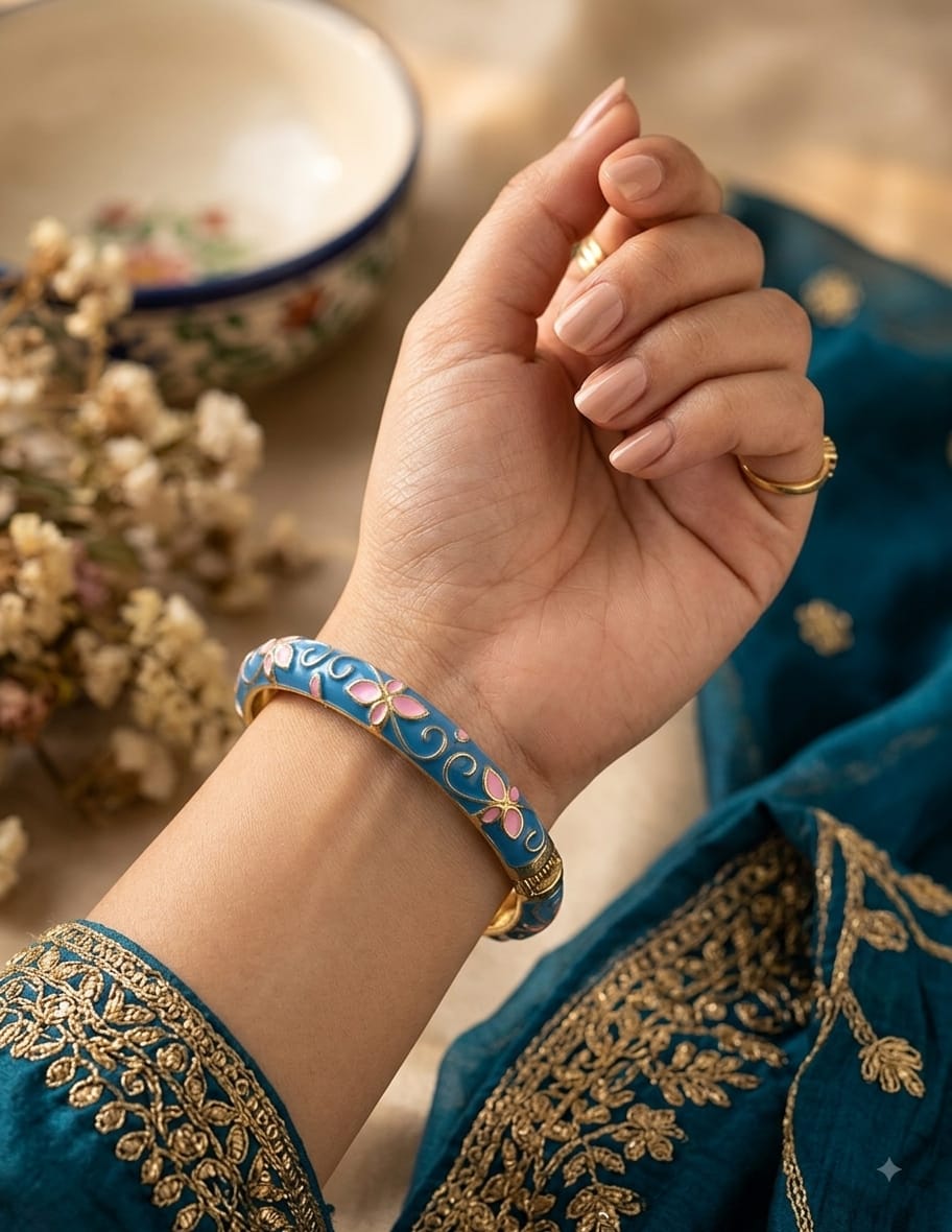 Blue enamel kada with pink flower details