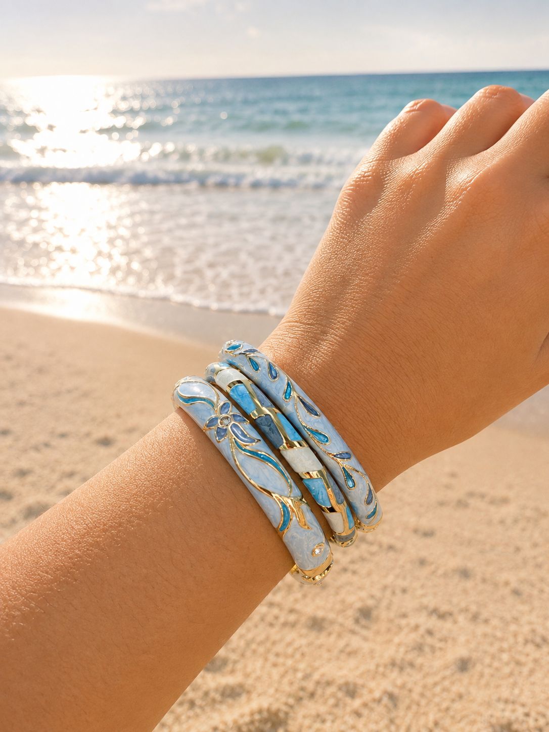 Women’s Floral Enamel Kada Stack of 3 - Ocean Blue Floral