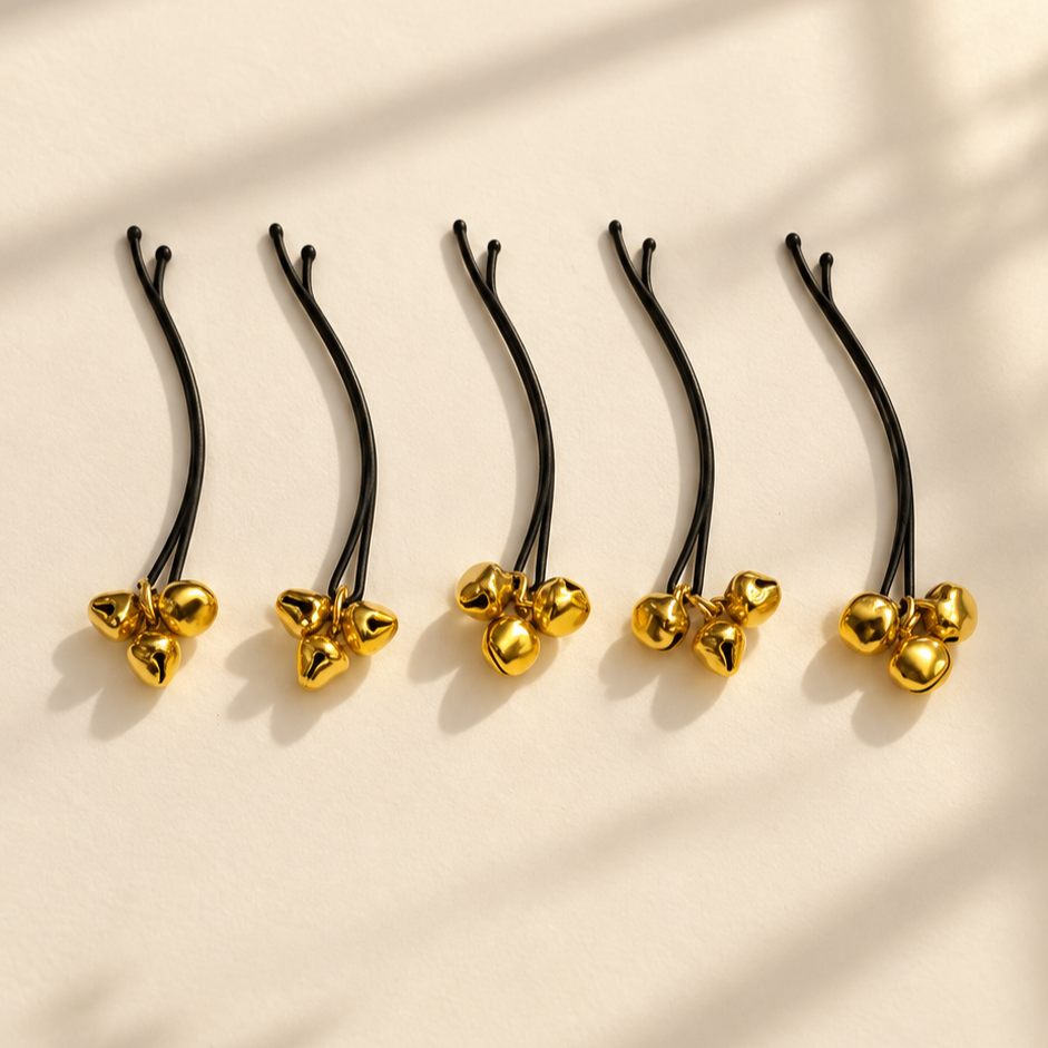 Five gold bead cluster hair pins displayed individually