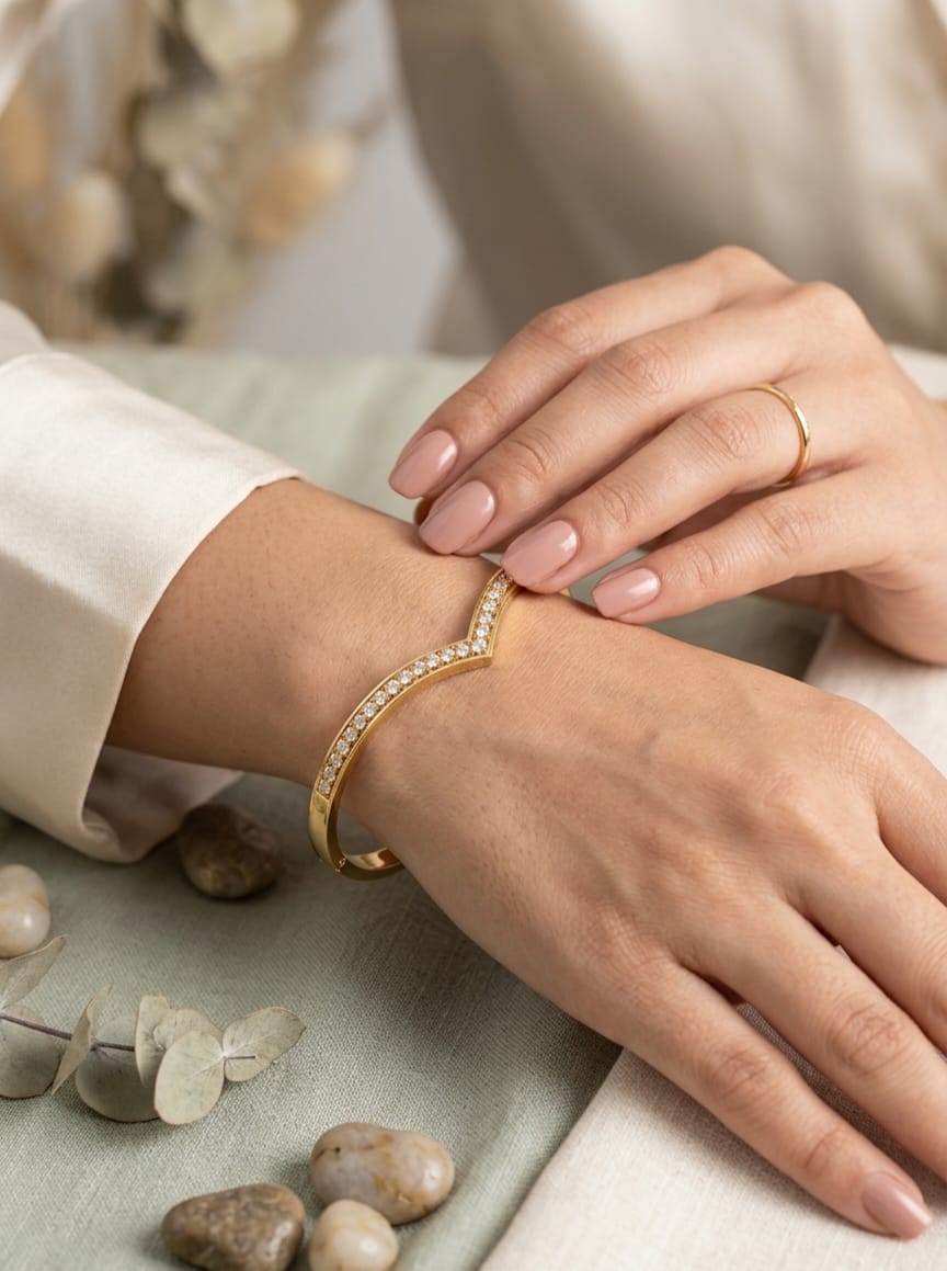 Gold-colour cuff bracelet with V-shaped clear stone detail