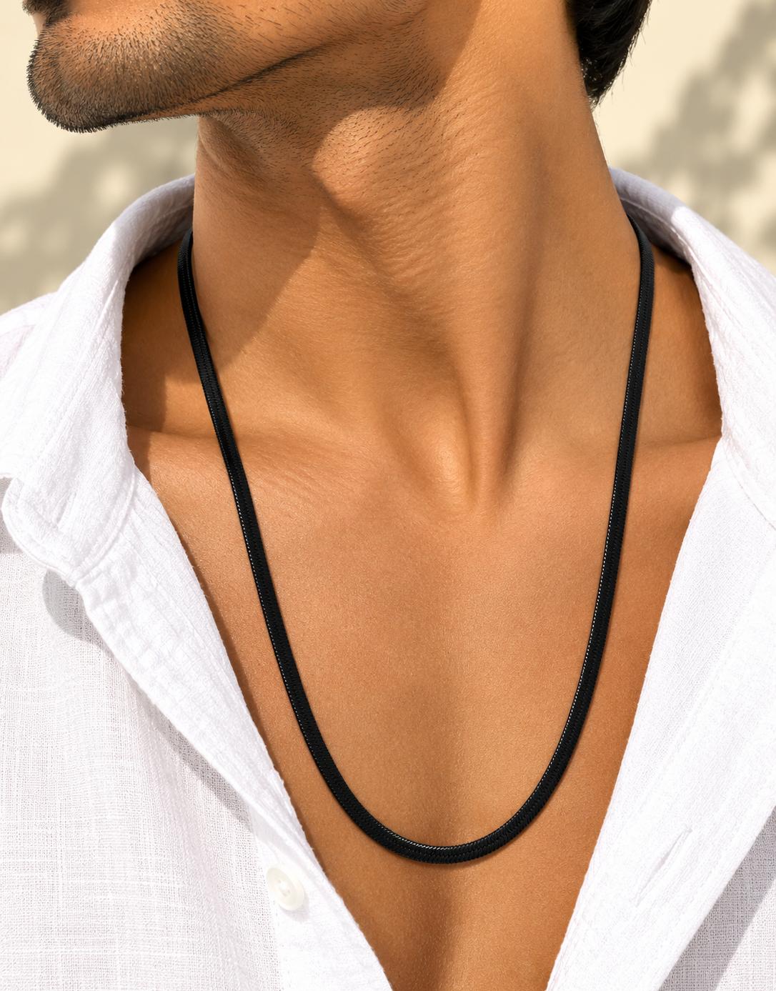 Men Black Herringbone Stainless Steel Chain Necklace (Anti Tarnish)
