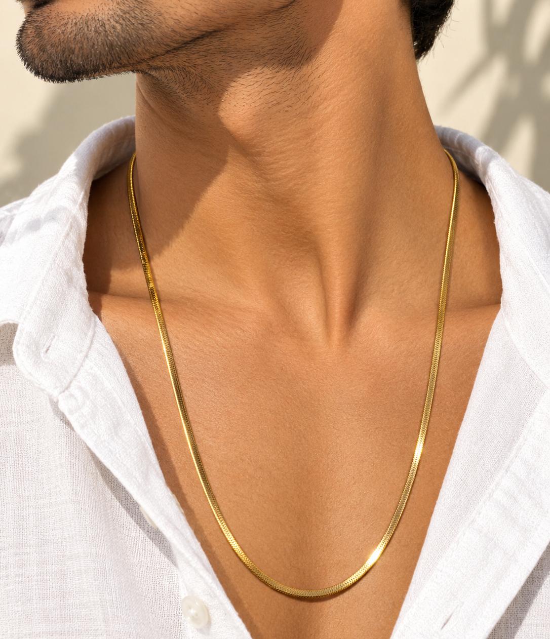 Men Golden Herringbone Stainless Steel Chain Necklace (Anti Tarnish)