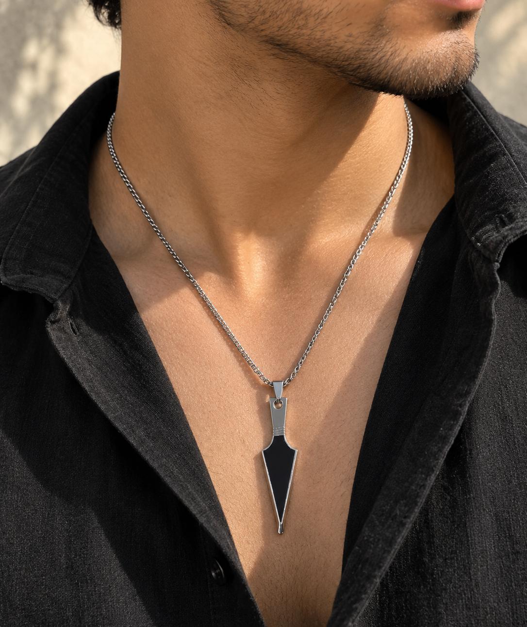 Men Silver Black Spearhead Stainless Steel Pendant Necklace (Anti Tarnish)