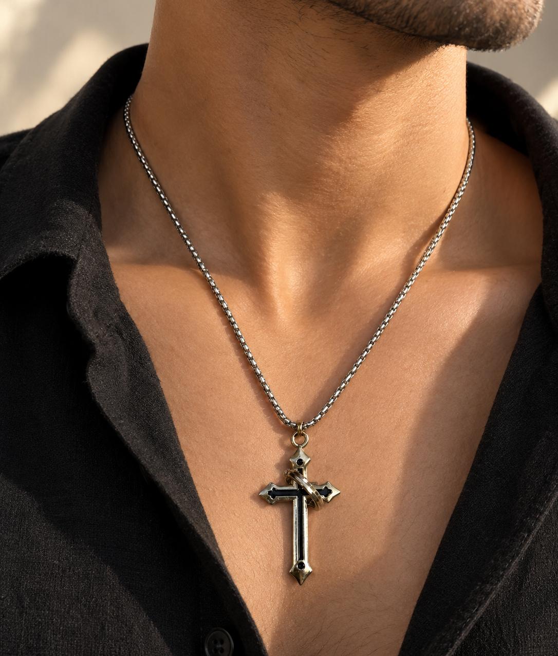 Men Silver Black Stone Cross Stainless Steel Pendant Necklace (Anti Tarnish)