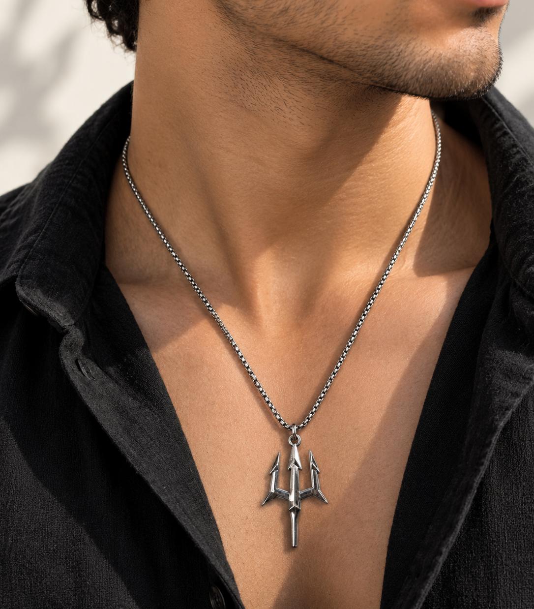 Men Silver Trident Stainless Steel Pendant Necklace (Anti Tarnish)