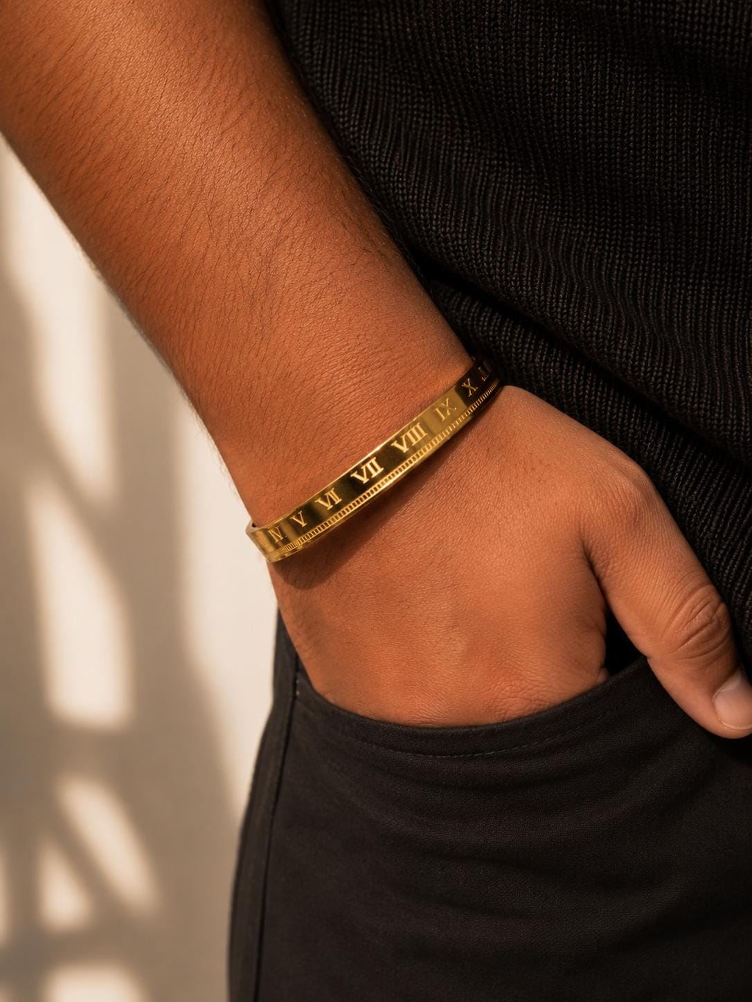 Men's gold-colour Roman numeral kada bracelet