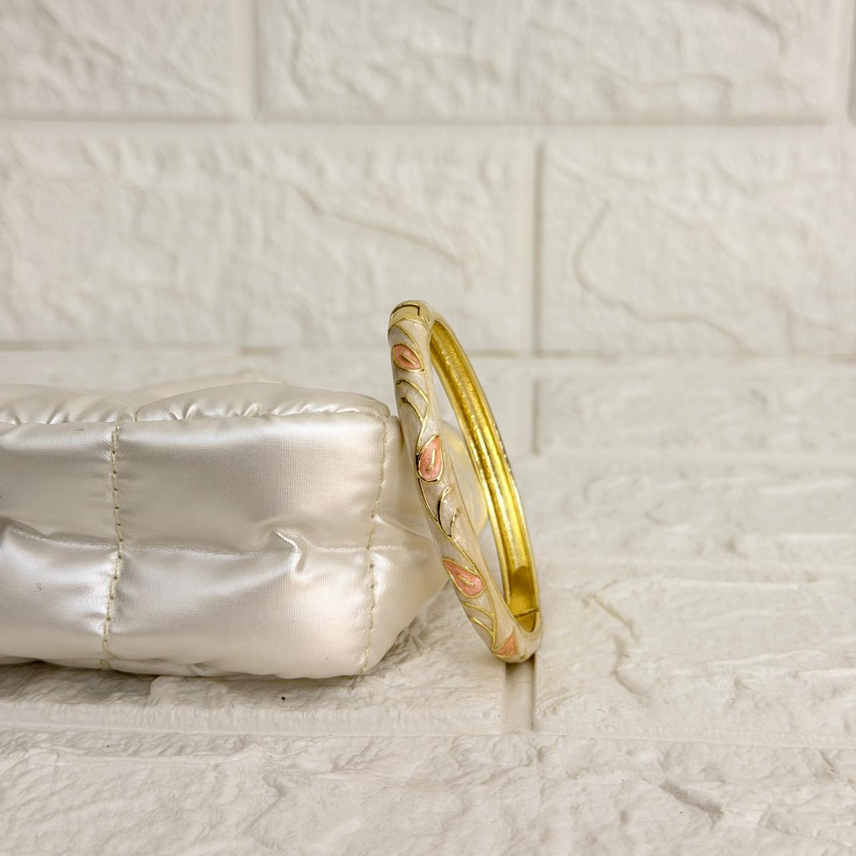 Paisley Vine Enamel Kada - Ivory Pink