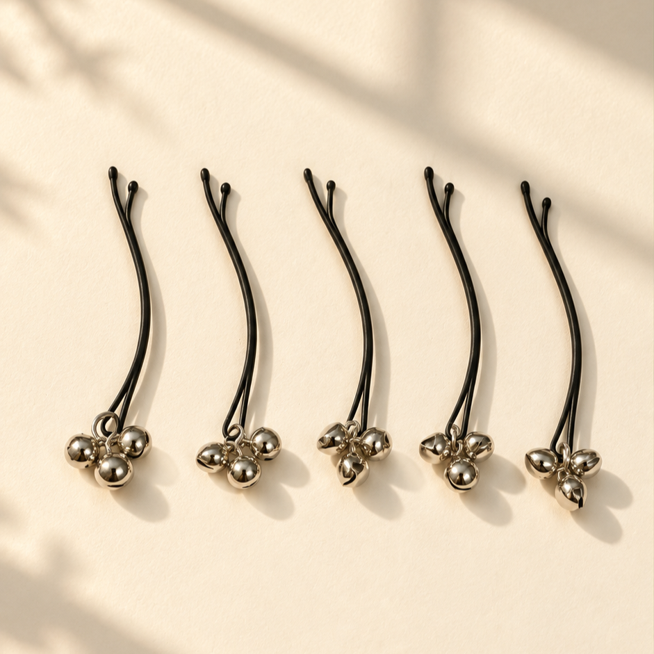 Five silver bead flower hair pins displayed individually