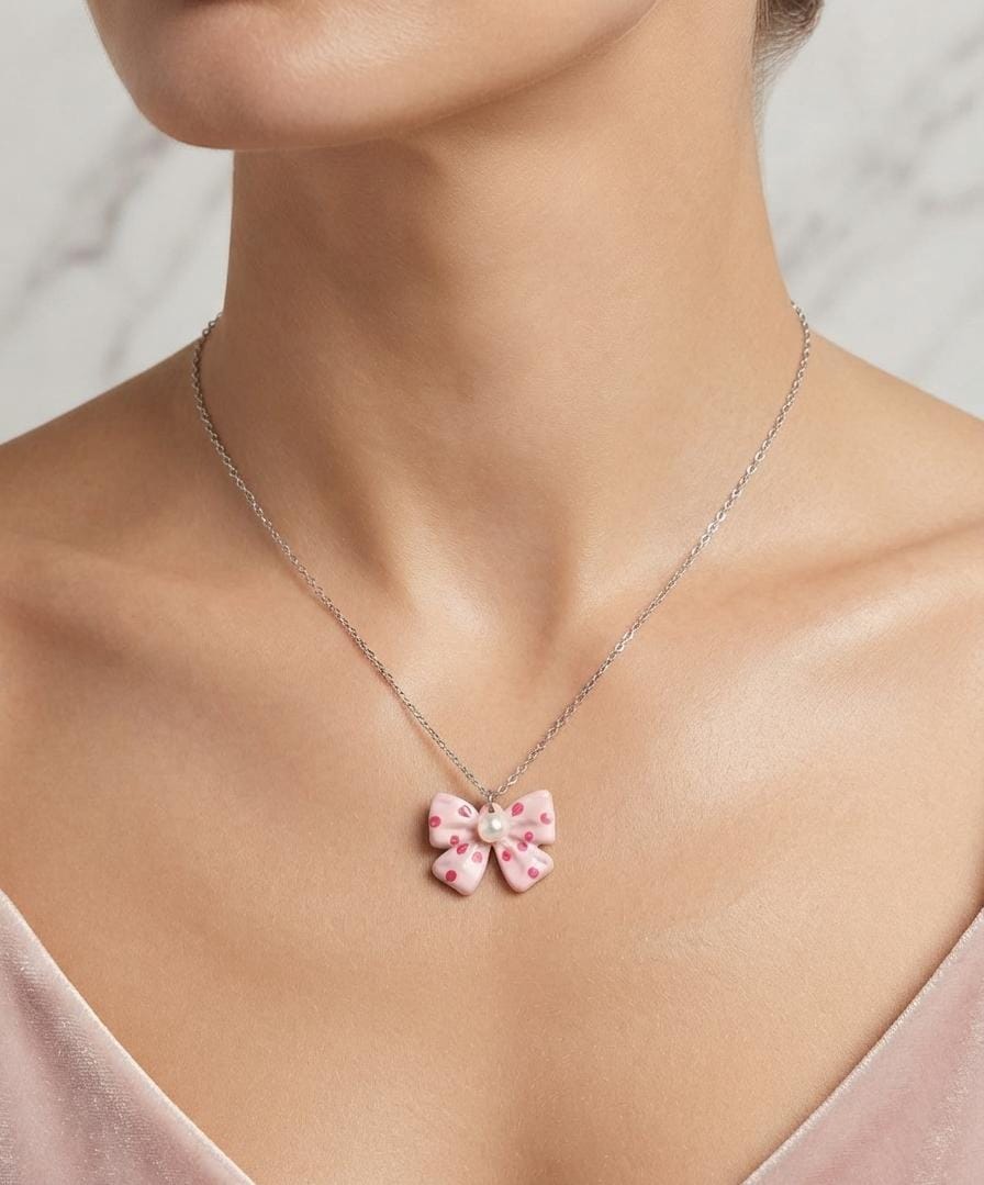Anti Tarnish Women Pink Bow Pendant Necklace