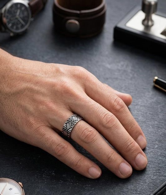Silver Carved Zigzag Men Ring