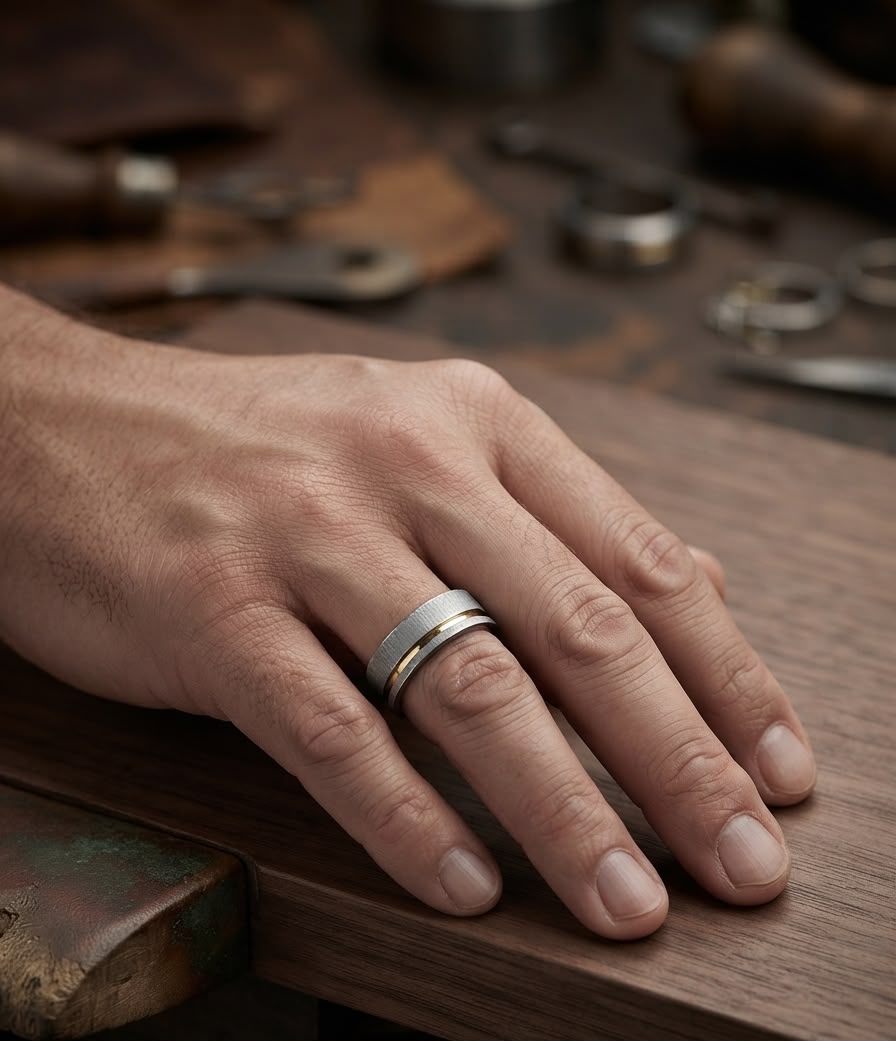 Men Silver Gold Line Ring