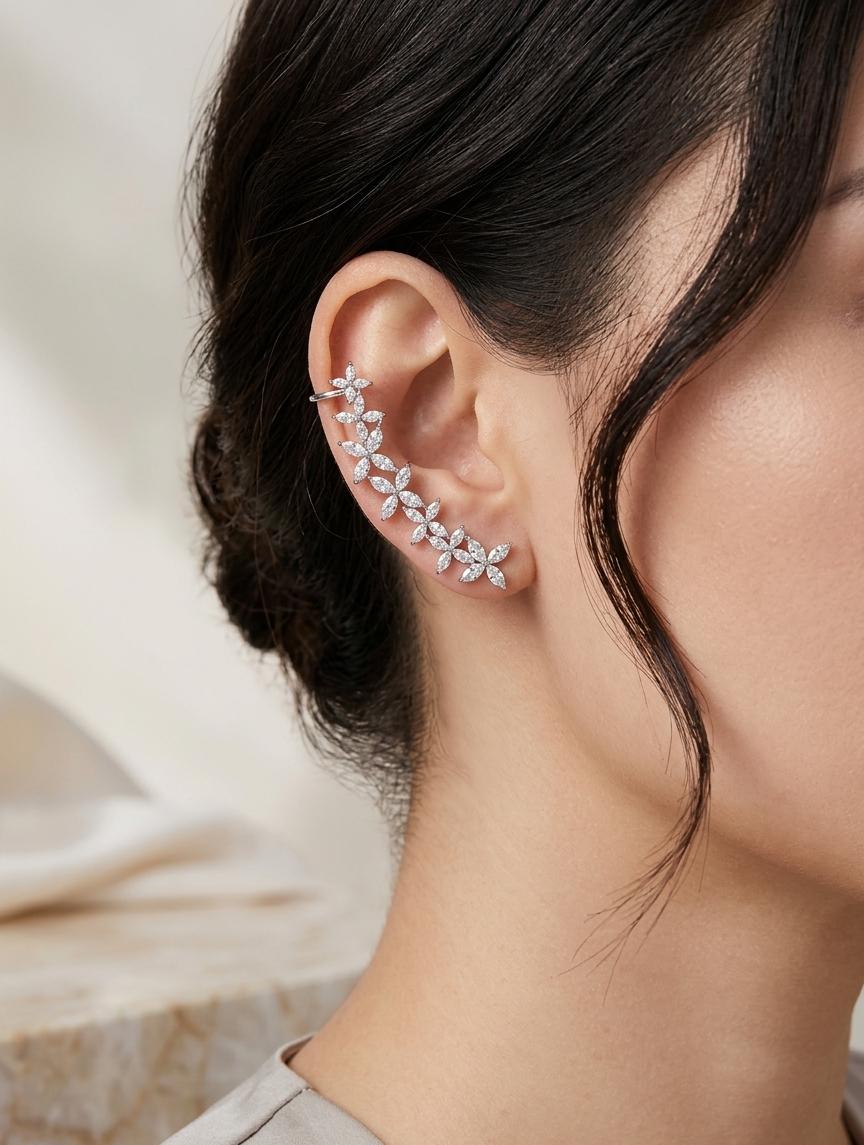 Silver Women Flower Full Earcuff (Pressed) (Single Ear) - Nimé By Shop Trendys
