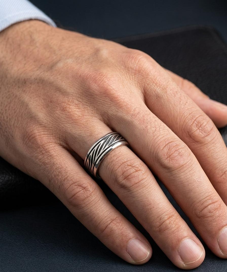 Silver Line Cross Men Ring