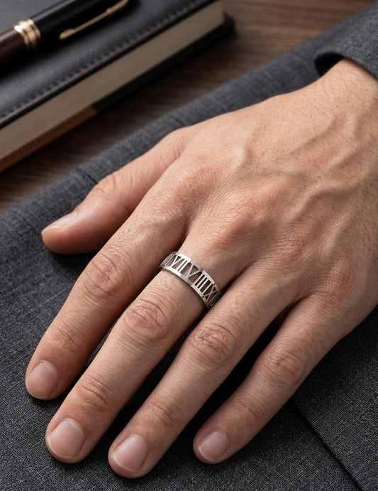 Silver Roman Numbers Men Ring