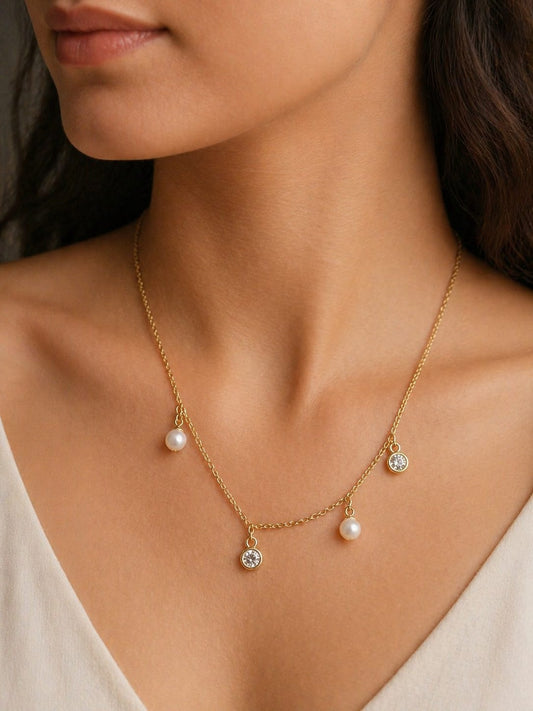 Pearl Diamond Charm Necklace ( Anti Tarnish ) - Nimé By Shop Trendys