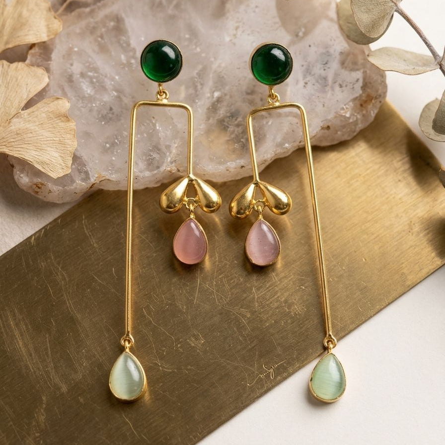 Rectangle Leaf Tassel Designer Golden Earrings - Nimé By Shop Trendys