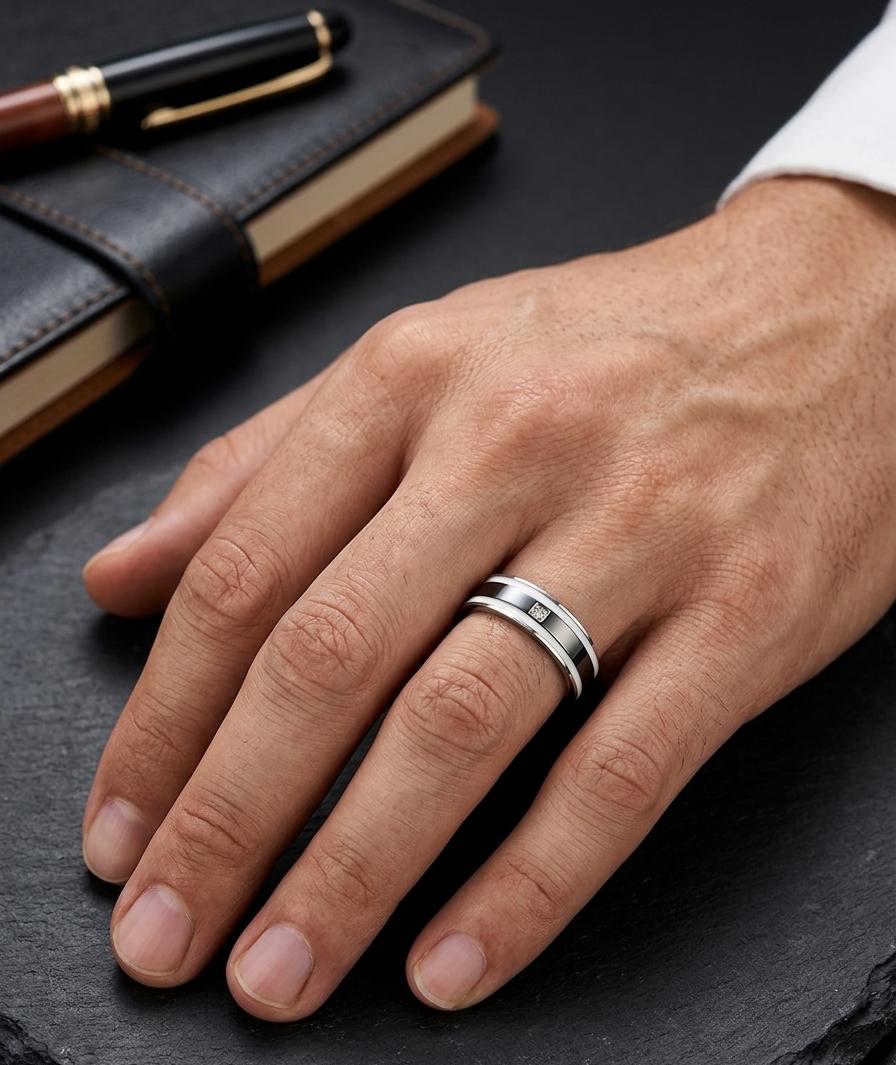 Silver White Band Men Ring