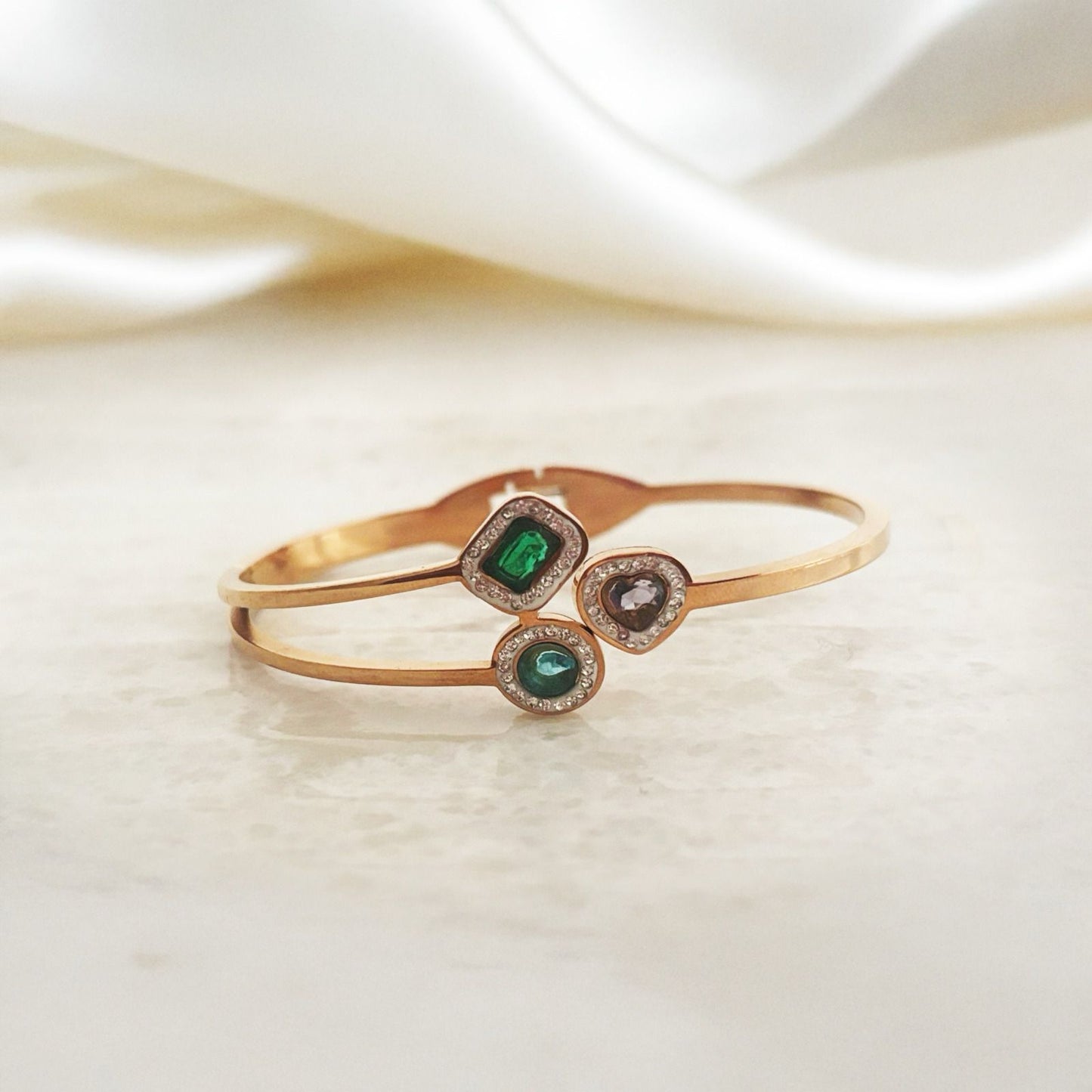 Golden Tri-stone Bangle with Diamond Women Kada Bracelet (Anti Tarnish)
