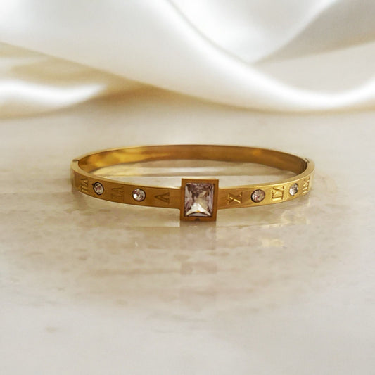 Golden Roman Numeral Bangle with Square Stone Women Kada Bracelet (Anti Tarnish)