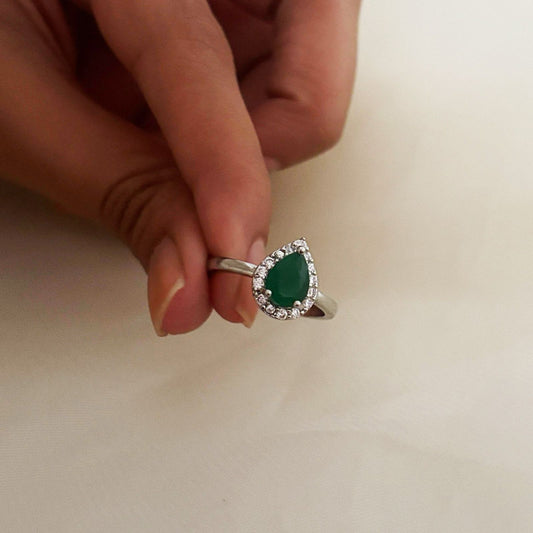 Silver Solitaire Green Drop Women Rings (Adjustable)