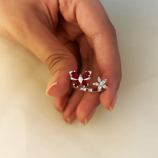 Silver Butterfly Red Stone Women Rings (Adjustable)
