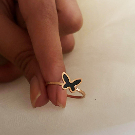 Gold Butterfly Women Rings with Black Inlay (Adjustable)