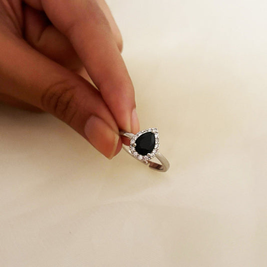 Silver Solitaire Black Drop Women Rings (Adjustable)