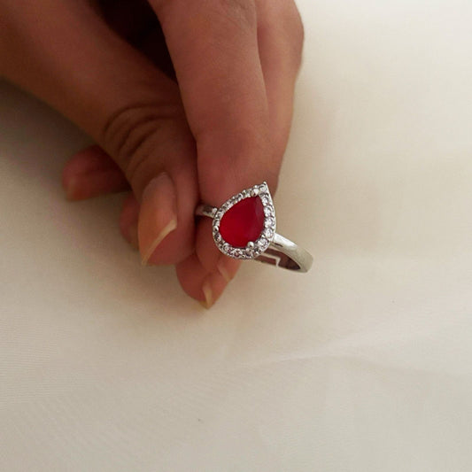 Silver Solitaire Red Drop Women Rings (Adjustable)