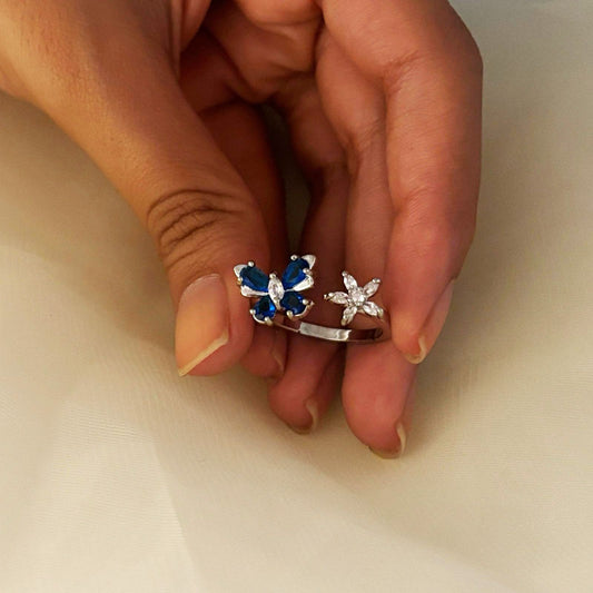 Silver Butterfly Blue Stone Women Rings (Adjustable)