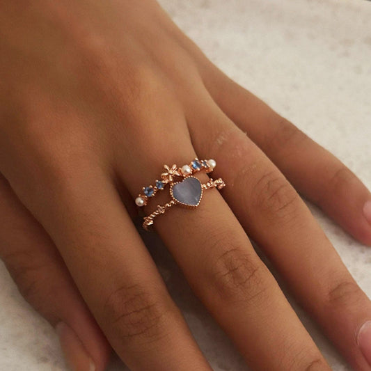 Blue Blossom Heart Stacking Women Rings (Adjustable)