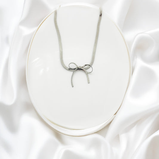 Silver Satin Bow Women Necklace(Stainless Steel)